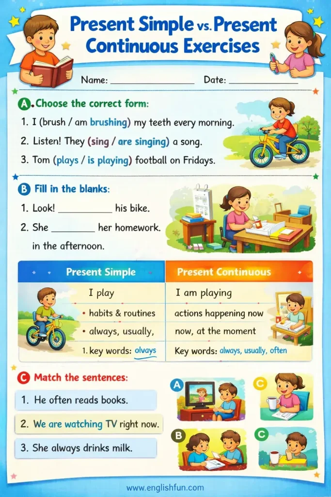 present simple present continuous ćwiczenia klasa 5 pdf